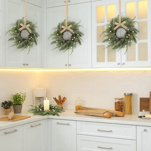 4-Piece Mini Wreath Candle Holders with Pine Cones - Perfect for Christmas Decor